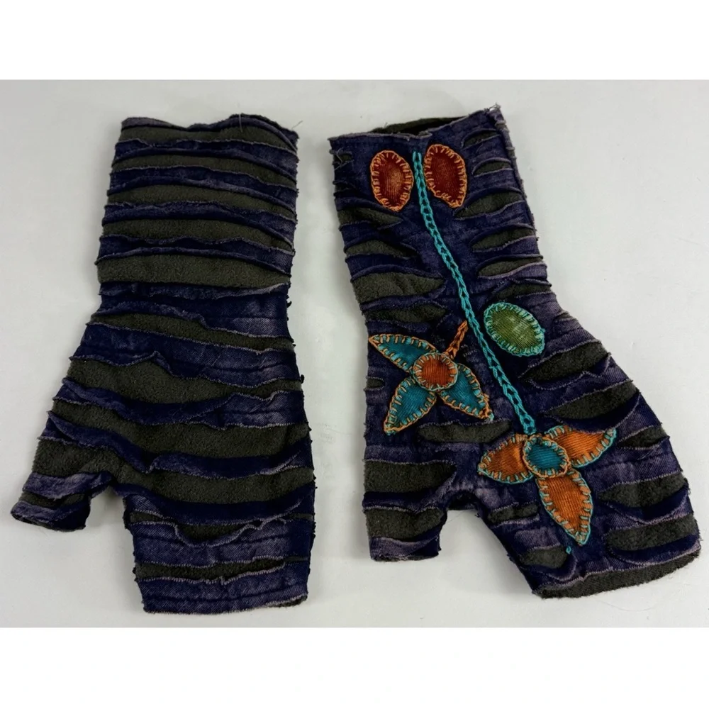 Boho Embroidered Fingerless Gloves Colorful with Floral Design 100% Cotton